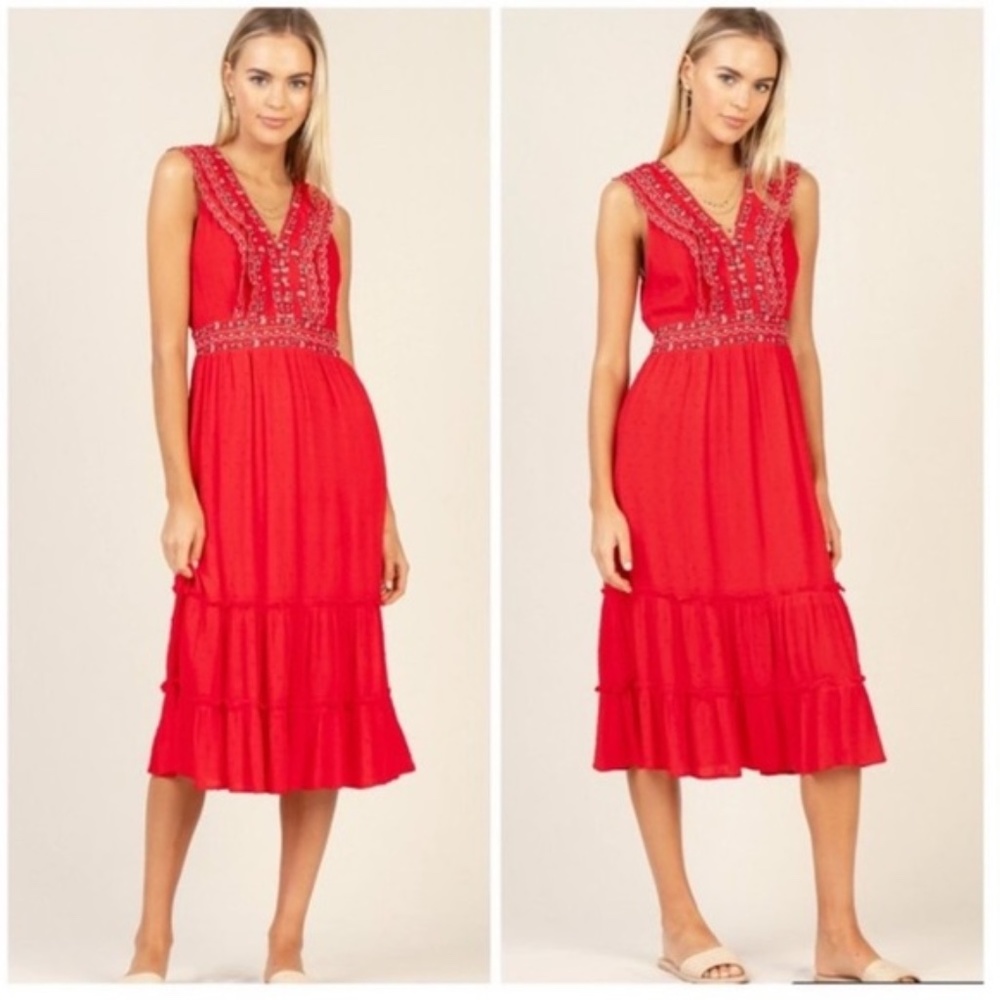 Skies Are Blue Red Boho Style Midi Dress with embroidery detail Sz S